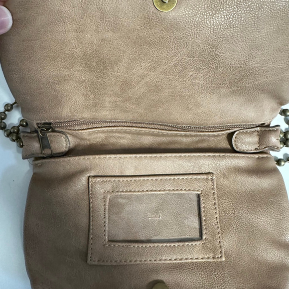 T-Shirt & Jeans Tan Laser Cut Crossbody Bag geometric ball chain strap purse - Picture 15 of 16